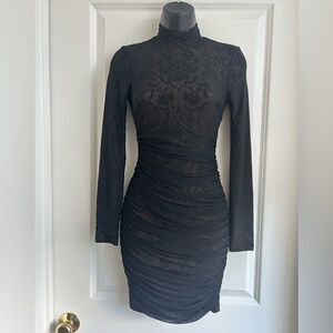 Windsor Black Ruched Lace Long Sleeve Dress Formal High Neck XS